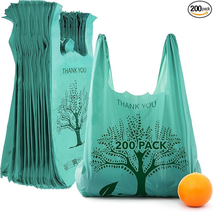 200 Pack Thank You Bags Disposable Eco Grocery T-Shirt Bag with Handles for Supermarket, Groceries, Produce, Shopping, Trash, Small Commercially Compostable Baggies Bulk
