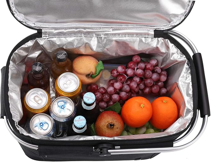 ALLCAMP Picnic Basket - 32L Insulated Cooler, Thickening Foldable Picnic Basket with Removable Baskets & Sewn-in Frame, Basket for House Warming Gifts New Home(Jet Black)