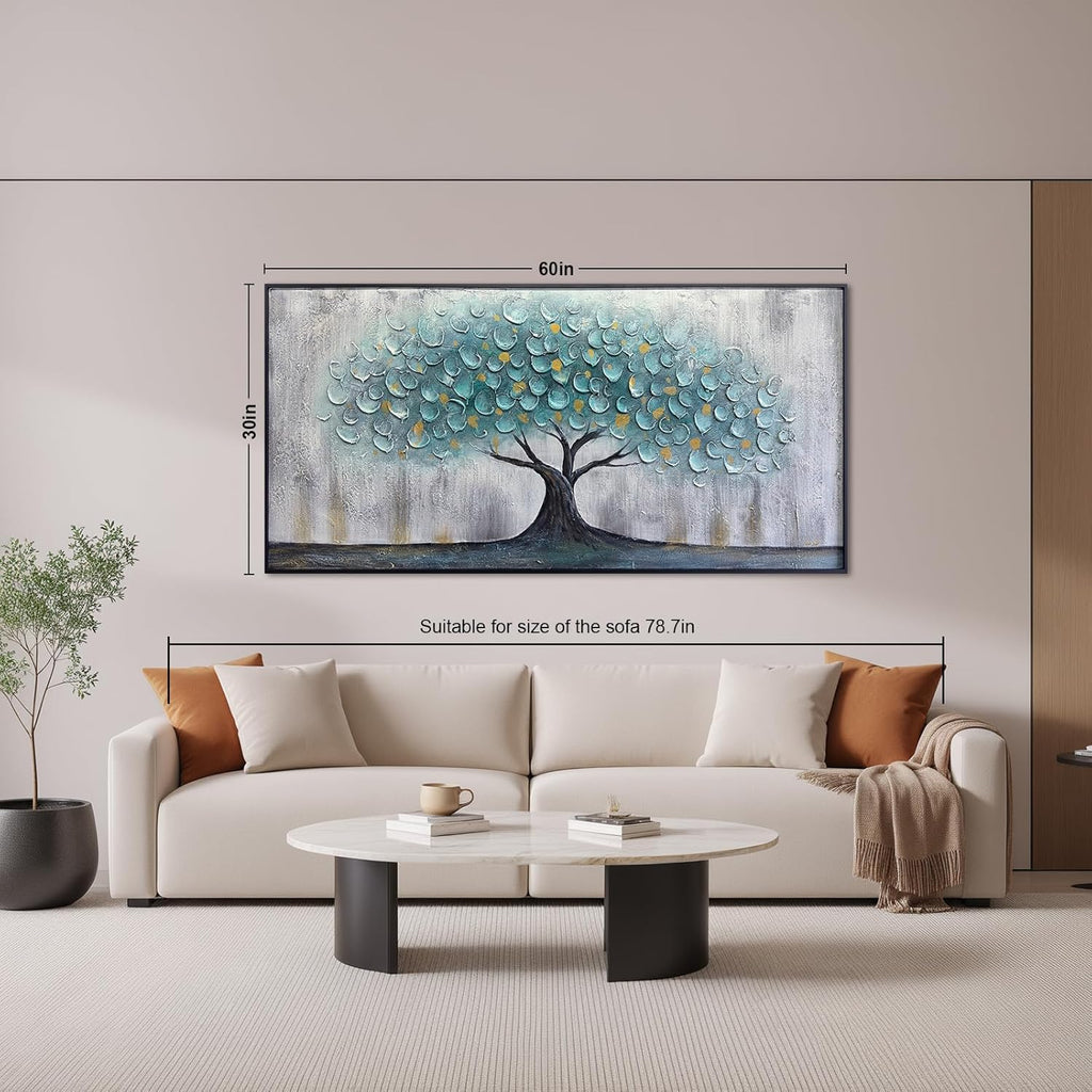 Teal Blue Tree of Life Canvas Wall Art for Living Room, Hand Painted Modern Abstract Textured Painting, Large Framed Panoramic Landscape wall art for Living Room, Bedroom, Office, Home Decor 60"x30"