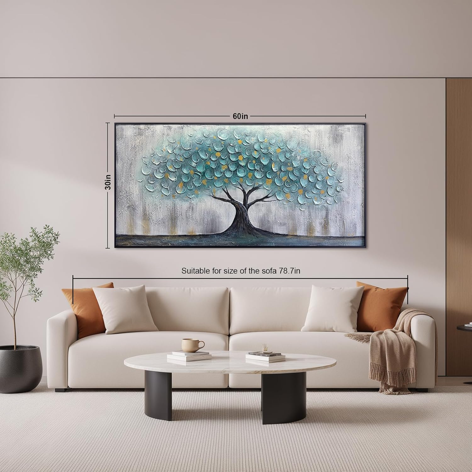 Teal Blue Tree of Life Canvas Wall Art for Living Room, Hand Painted Modern Abstract Textured Painting, Large Framed Panoramic Landscape wall art for Living Room, Bedroom, Office, Home Decor 60"x30"