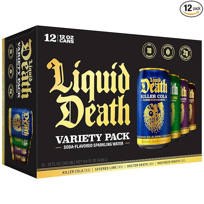 Liquid Death, Soda-Flavored Sparkling Water Variety Pack, 12-Pack (12oz Cans), Low Sugar, Huge Flavor & No Artificial Sweeteners, 4 Flavors: Severed Lime, Doctor Death, Killer Cola, and Rootbeer Wrath