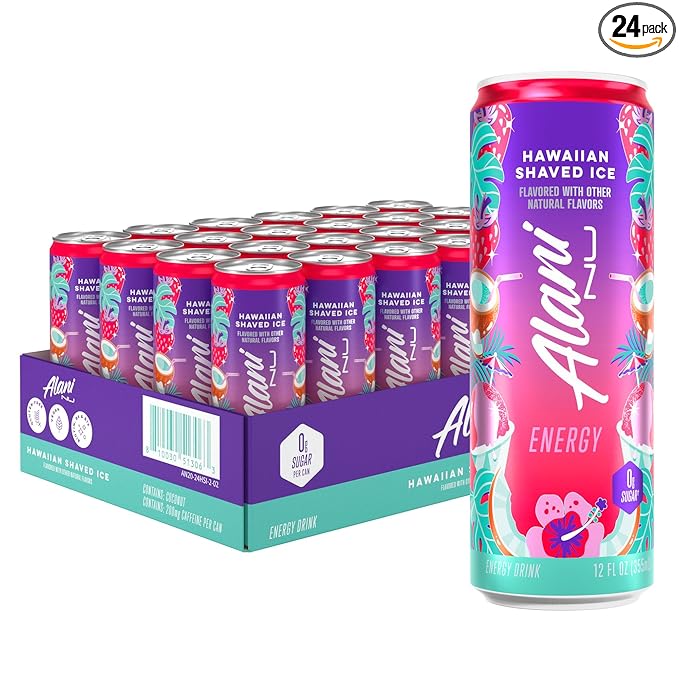 Alani Nu HAWAIIAN SHAVED ICE Ice Sugar Free, Low Calorie Energy Drinks | 200mg Caffeine | Antioxidants | Biotin, B Vitamins | Zero Sugar | 15 Calories or Less | 12 Oz Cans | 24 Count