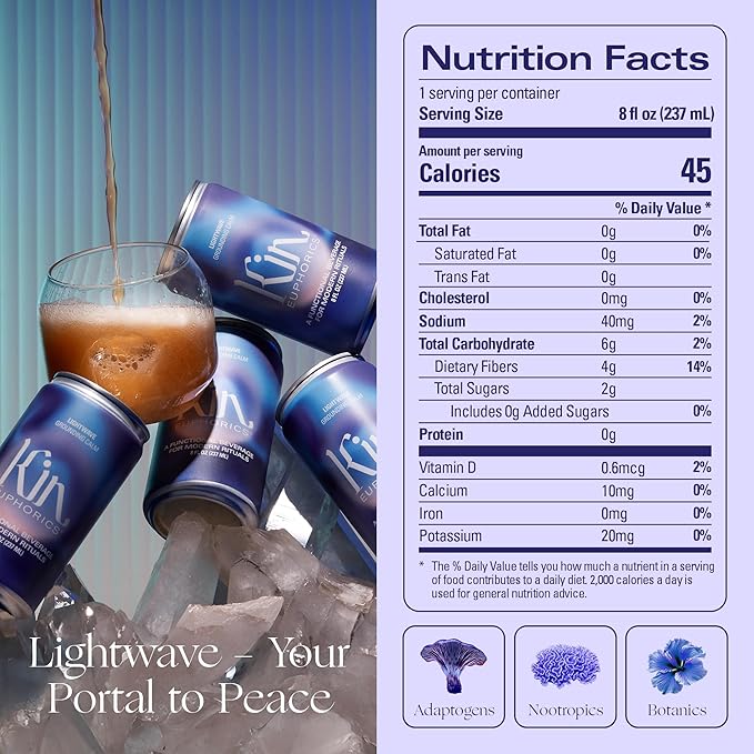 Kin Euphorics Lightwave Non-Alcoholic Functional Beverage | Calm the Mind & Mellow the Mood | Adaptogens, Nootropics, Reishi Mushroom & L-Theanine | 8 Fl Oz (16pk)