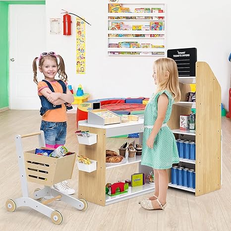 INFANS Kids Wooden Grocery Store Playset, Supermarket Toy Set with Cash Register Stand, Shopping Cart, Blackboard, Wooden Coins, Grocery Store Marketplace Pretend Play for Toddlers