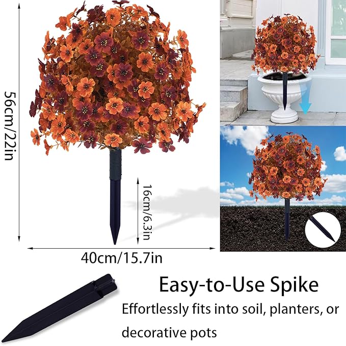 Outdoor Artificial Fall Flowers, UV Resistant Faux Shrub Decorations, Fall Orange and Red Flowers for Front Porch, Patio, Garden, Thanksgiving Decoration (Pack of 2)
