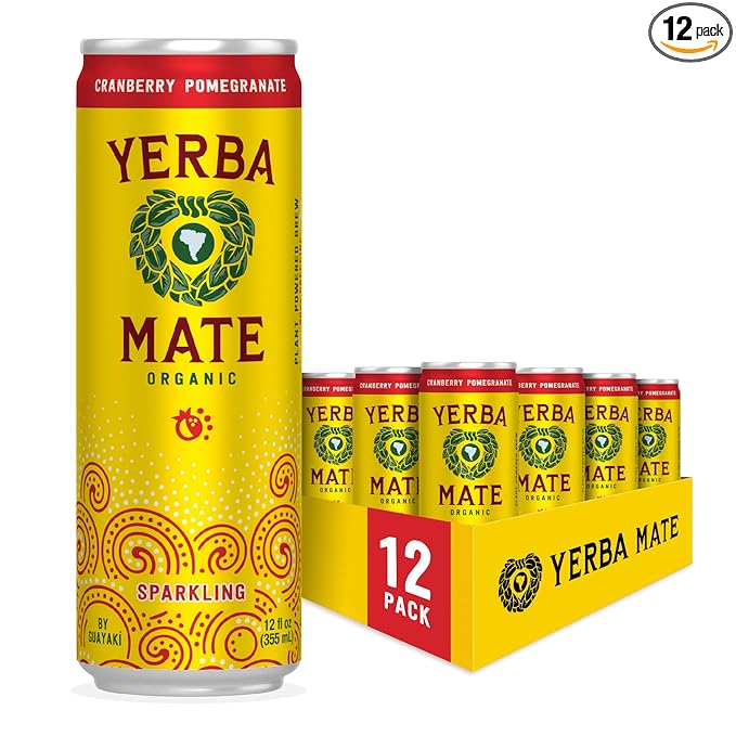 Yerba MateOrganic Sparkling Yerba Mate, Cranberry Pomegranate, 80mg Natural Plant Based Caffeine, Smooth Energy & Focus, Carbonated, 12 Oz (Pack of 12) (Packaging May Vary)