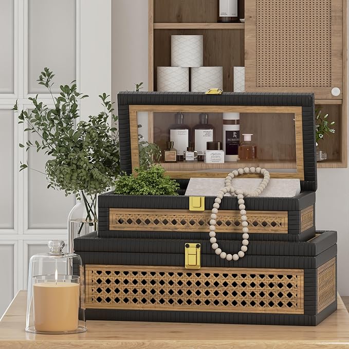 Rattan Decorative Box,Boho Display Boxes with Lids,Set of 2 Rectangular Wicker Storage Decoration,Natural Woven Cane Bins for Home Decor for Rustic Farmhouse(Yellow and Black)