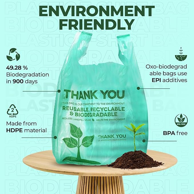 500 Biodegradable Compostable Thank You Plastic Bags - Grocery Shopping Bags with Handles [12" X 6.5" X 22"] Eco Friendly Green Plastic T Shirt Bags for Small Business Restaurant Supplies Retail Store