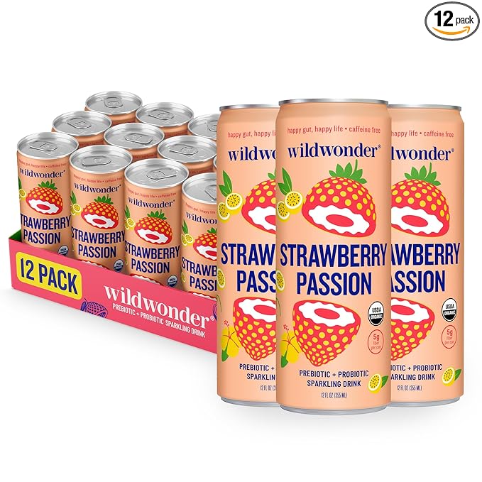 wildwonder Sparkling Probiotic Drink 12pk, For Gut Health & Immune Support, Strawberry Passion, 5g Prebiotic Fiber, Live Probiotics, Organic, Vegan, Low Sugar, 12 Pack, 12oz Can, As Seen on Shark Tank