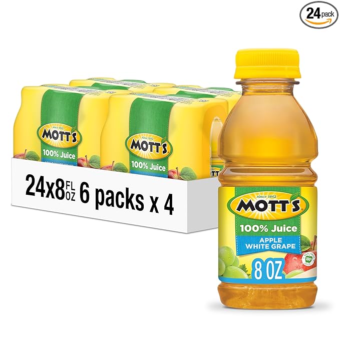 Mott's 100% Apple White Grape Juice, 8 Fl Oz Bottles, 24 Count (4 Packs Of 6), No Added Sugar, Excellent Source Of Vitamin C, 2 Servings Of Fruit Per Bottle, Gluten & Caffeine Free, On-the-go