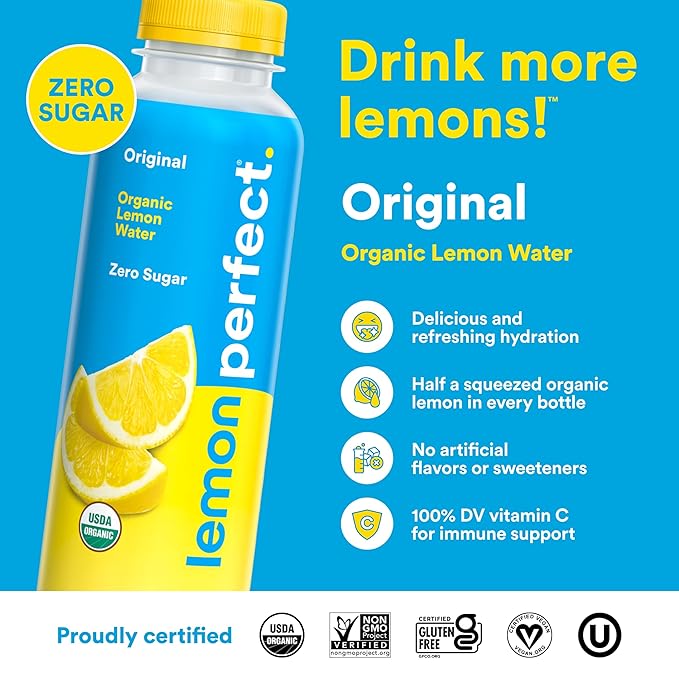Lemon Perfect Original, Flavored Lemon Water, Organic, Zero Sugar, Healthy Hydration Drinks, 15.2 fl oz Bottles (12-Pack)