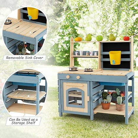 KOTEK 2 in 1 Mud Kitchen, Outdoor Play Kitchen & Grocery Playset w/Removable Sink, Water Tank & Faucet, Stoves, Oven, Blackboard, Storage Bag & Baskets, Double Side Wooden Mud Table for Kids Outdoor
