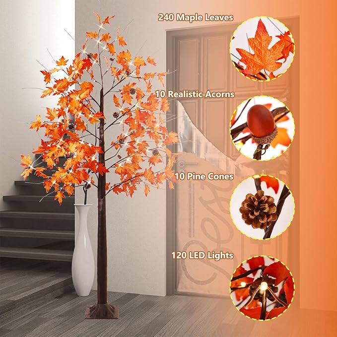 Fall Tree with Lights, 2 Pack 6FT Lighted Maple Tree, Prelit Artificial Tree Thanksgivng Decor, Dimmable Autumn Tree Lights, Lighted Fall Tree for Home Decor Harvest Halloween Decorations