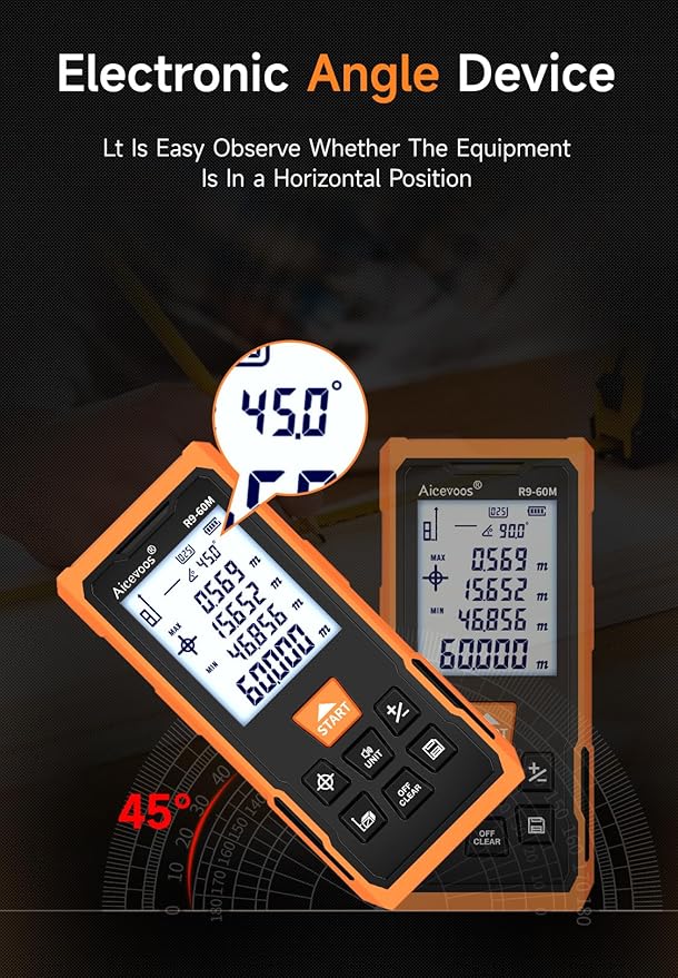 R9 Laser Measure 60m/196ft with Large Backlit Screen and Cross Laser, Digital Laser Measurement Tool with Electronic Angle Measures Distance, Area and Volume