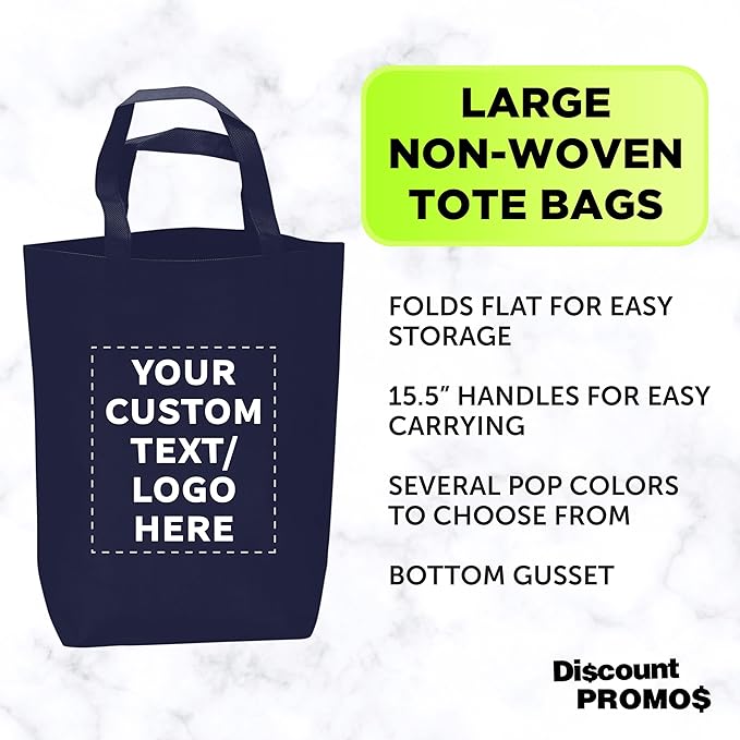 DISCOUNT PROMOS Large Reusable Heavy Duty Tote Bag Set of 10/50/100, Personalized Bulk Pack