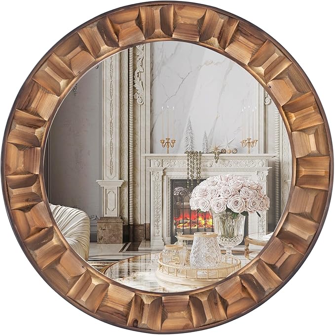 30 Inch Round Wood Mirror for Wall, Circle Decorative Mirror with Solid Wood Frame, Rustic Hanging Mirror for Bathroom, Entryway, Bedroom or Living Room
