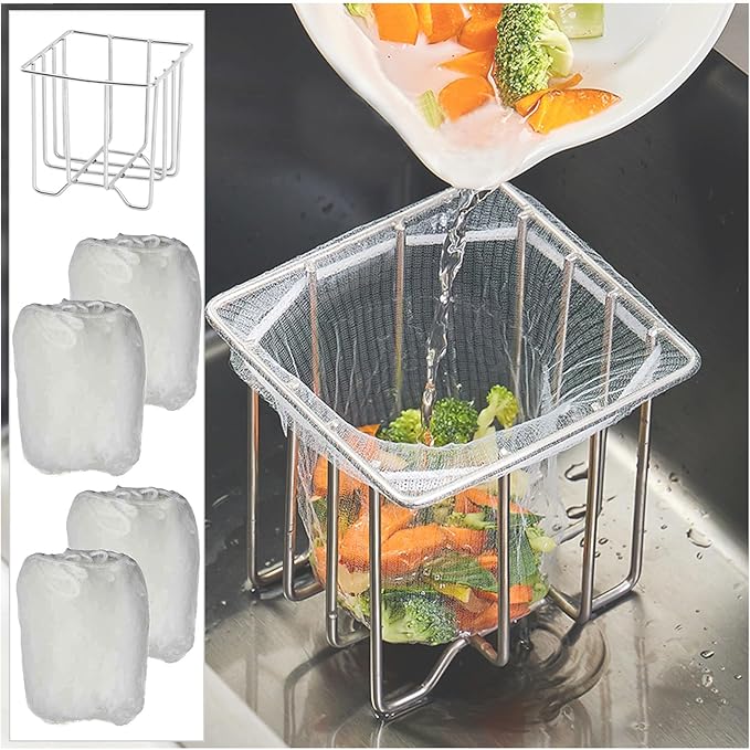 Kitchen Sink Strainer with Sink Basket Holder and 200 Strainer Net Bags,Food Catcher with Drain Filter Mesh Bag,Meshmate Waste Rack Trash Catcher for Leftovers.