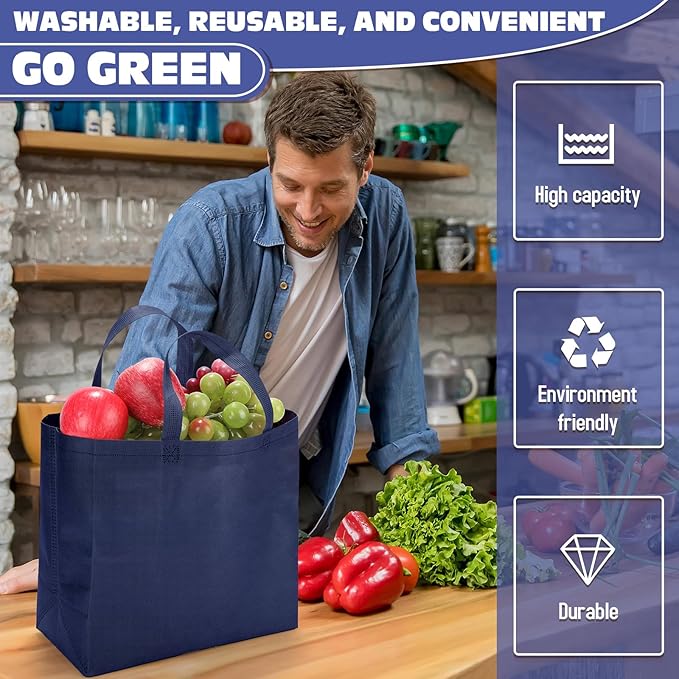 Windyun Reusable Grocery Bags Large Non Woven Shopping Bags with Handles Foldable Portable Tote Bulk, 12.6 x 11.8 x 6.3 Inch