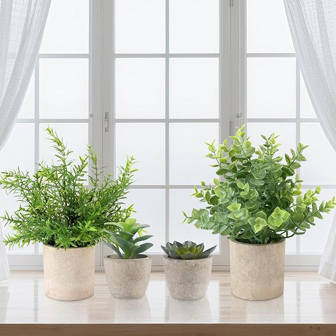 ALAGIRLS 4 Packs Fake Plants Small Artificial Plants Indoor Eucalyptus Rosemary Succulents Plants Potted Faux Plants for Home Indoor Office Bathroom Living Room Decor