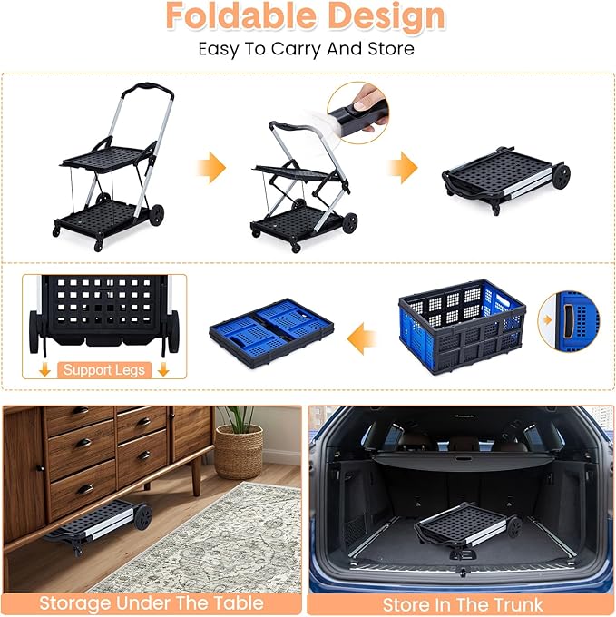 Collapsible Shopping Cart with Wheels, 2-Tier Portable Utility Cart with Removable Storage Crate for Home Groceries Supermarket