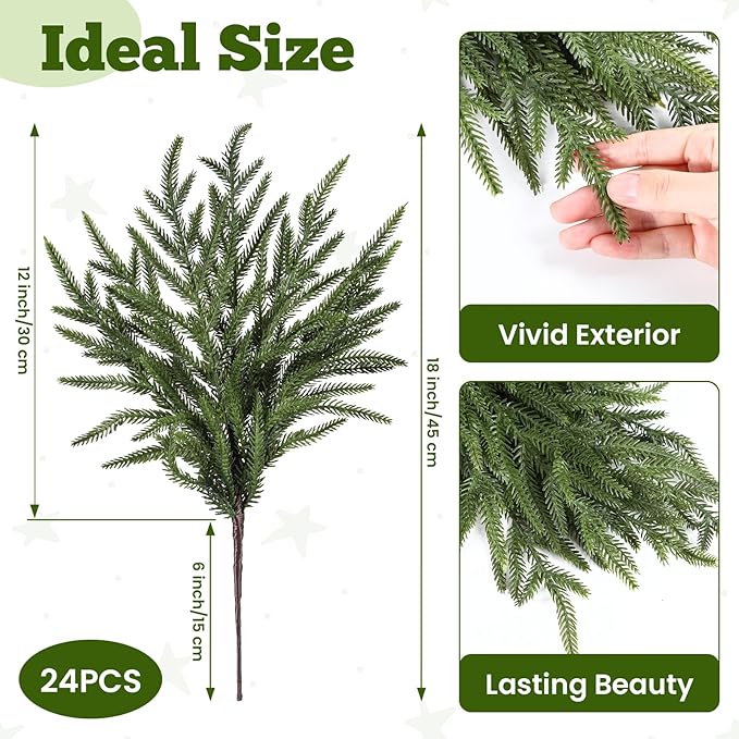 Alupssuc 18 Inch Norfolk Pine Stems, 24 Pcs Real Touch Norfolk Pine Branch, Christmas Greenery Stems for Vase DIY/Garland Making/Table Decoration, Xmas Decor for Indoor, Outdoor & Home