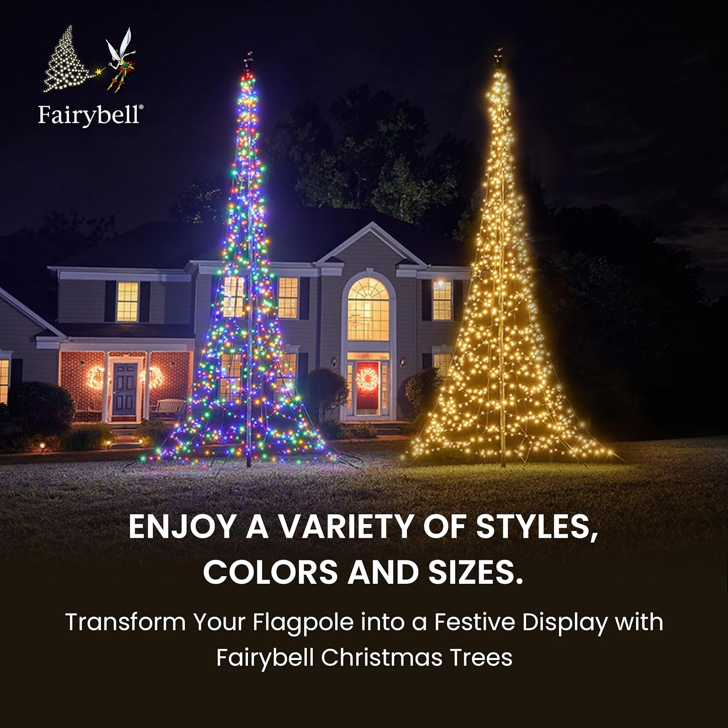 Fairybell - Flagpole LED Christmas Tree - Outdoor Christmas Decorations - Warm White - 1,500 LED Tree - 25ft - Suitable for Existing Flagpoles