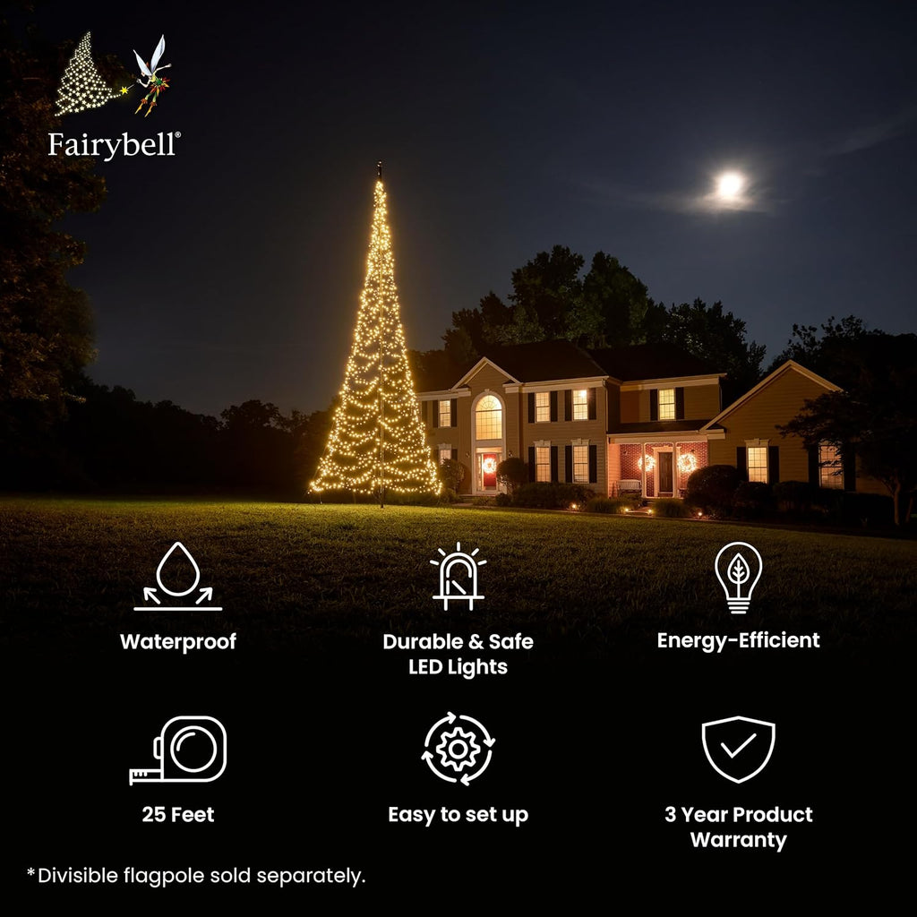 Fairybell - Flagpole LED Christmas Tree - Outdoor Christmas Decorations - Warm White - 1,500 LED Tree - 25ft - Suitable for Existing Flagpoles