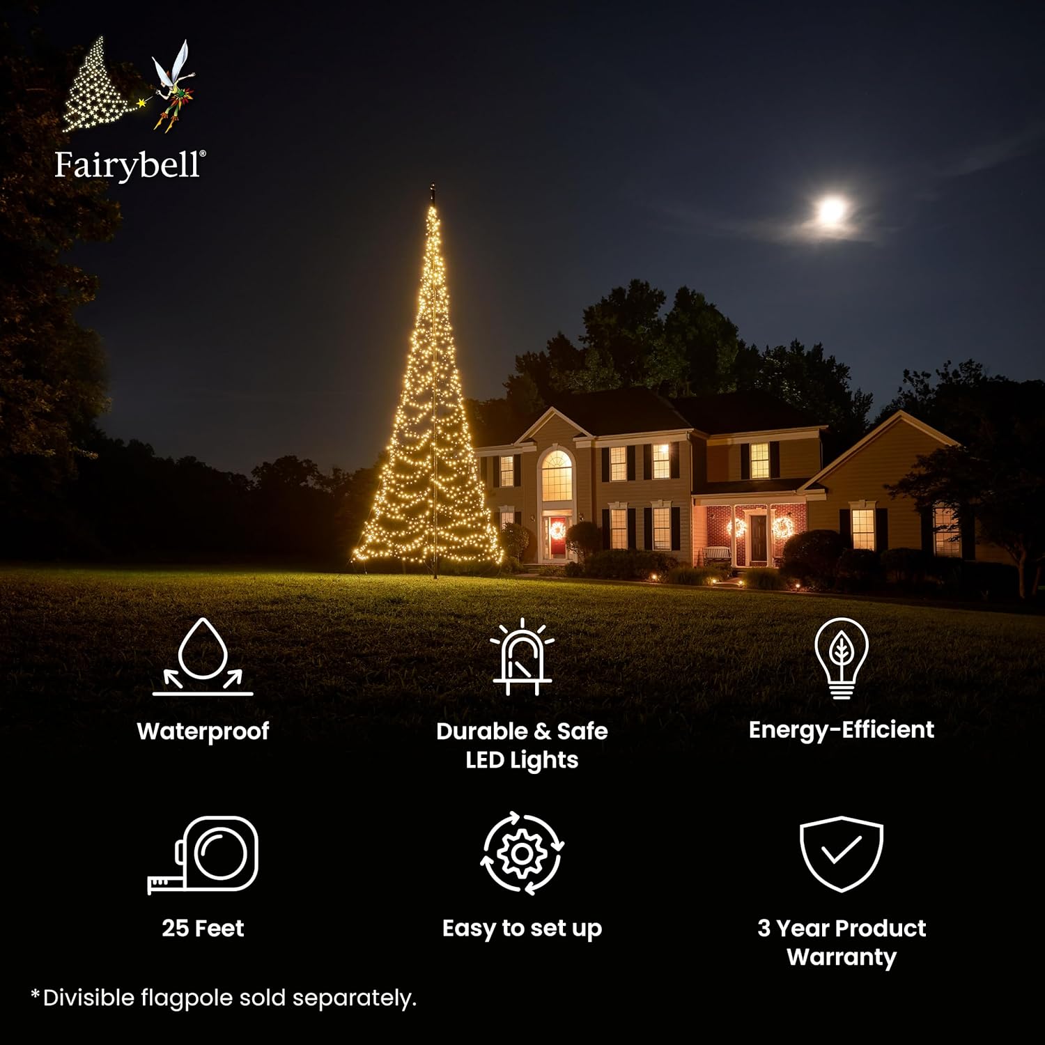 Fairybell - Flagpole LED Christmas Tree - Outdoor Christmas Decorations - Warm White - 1,500 LED Tree - 25ft - Suitable for Existing Flagpoles