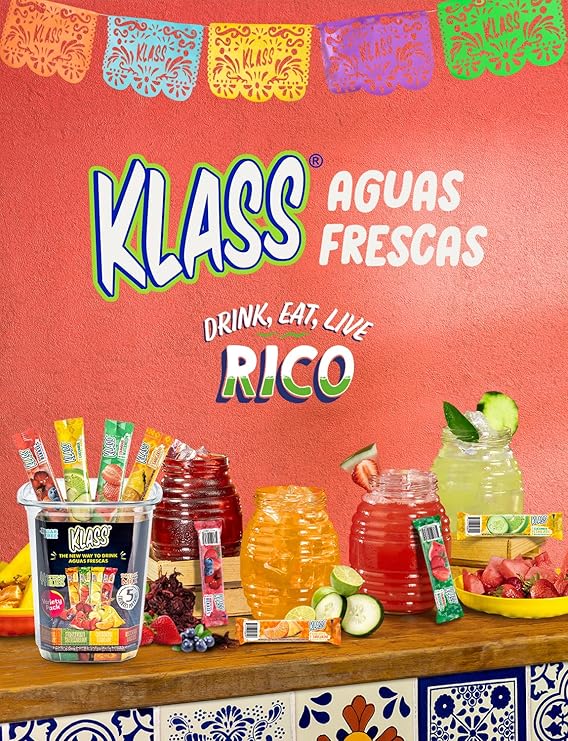 Klass Aguas Frescas Powdered Drink Mix | 44 Sugar Free Powder Packets | Flavors - Cucumber Limeade Pineapple Tangerine Strawberry Watermelon & Hibiscus Berries - Water Enhancer To Go!