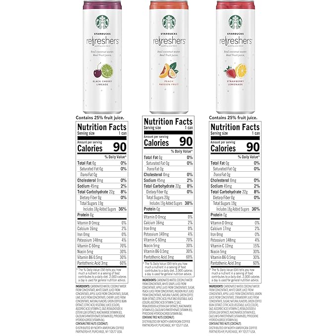 Starbucks Refreshers, 3 Flavor Variety Pack (Peach,Cherry, Stw Lmd), 12 Ounce Sleek Cans (Pack of 12)