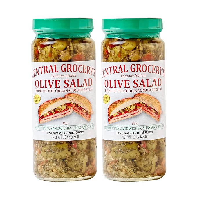 Central Grocery Olive Salad - 16 oz, Perfect for Muffulettas, Sandwiches, Pizza Toppings, Pastas, Hot Dog Topper, Salads and More (1 Pound (Pack of 2))
