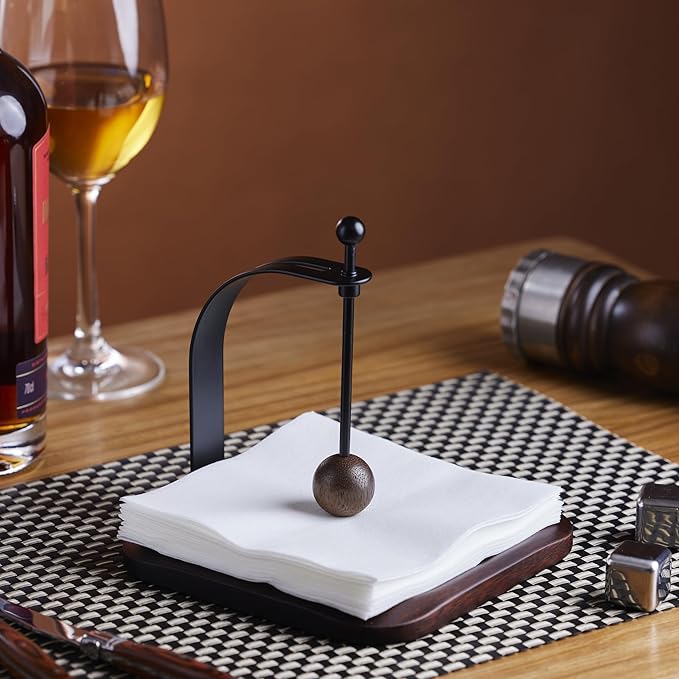 Napkin Holder - Windproof Design with Gravity Ball, Multifunctional Tissue Tower & Serving Tray for Outdoor/Indoor, Fits 6.5"-7" Napkins & Toilet Paper Rolls Warm Gift Idea (Rain Tree Wood)