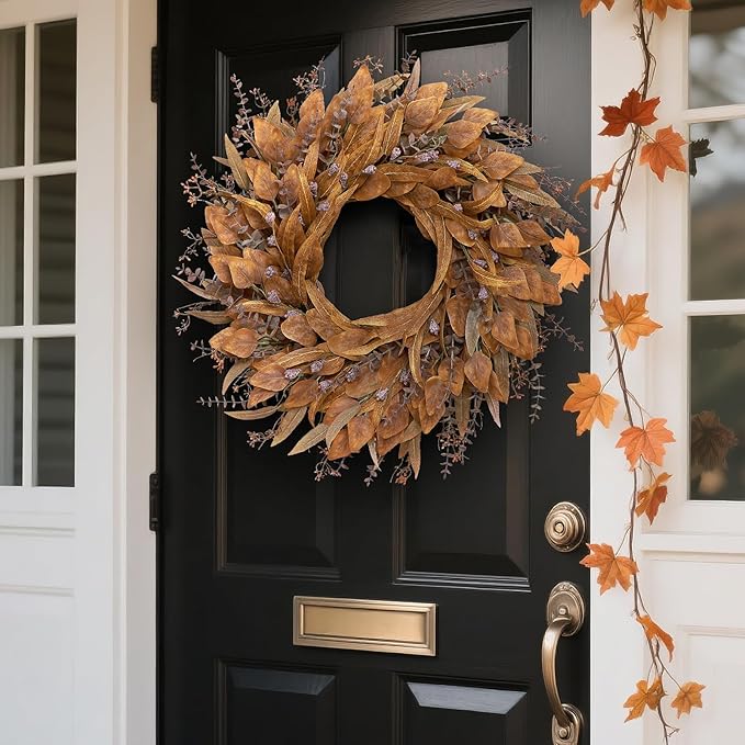 26'' Eucalyptus Wreath for Front Door - Autumn Large Artificial Eucalyptus Outdoor Wreath for Porch, Window,Farmhouse,Home,Holiday,Hanging Fall Decorations (Orange)
