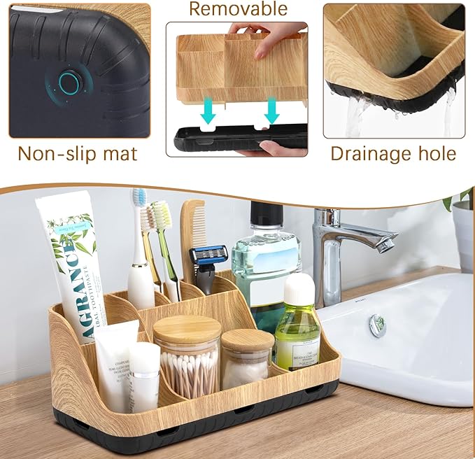 Bathroom Organizers and Storage - Detachable 7 Slots Kids Electric Toothbrush and Toothpaste Holde Drainage for Bathroom Accessories Organization Counter Vanity Storage, Wood