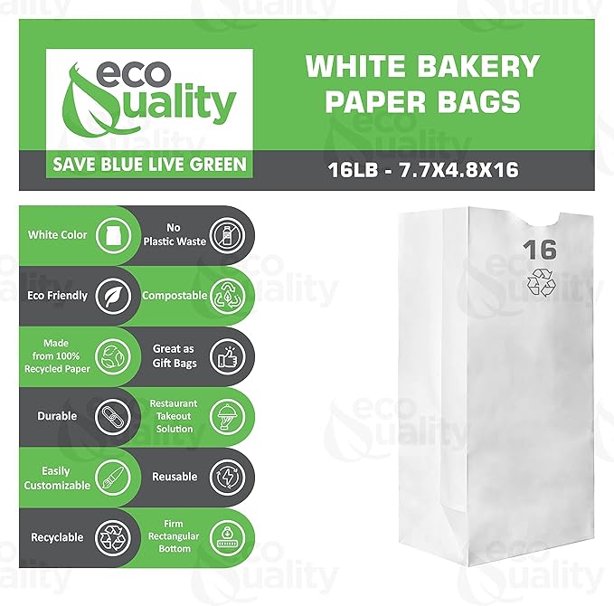 Paper Lunch Bags 16 Lb White Paper Bags 16LB Capacity - Kraft White Paper Bags, Bakery Bags, Candy Bags, Lunch Bags, Grocery Bags, Craft Bags - #16 Large Lunch Paper Bags / Kraft Paper Sacks by EcoQuality (1000, #16 - 16LB)