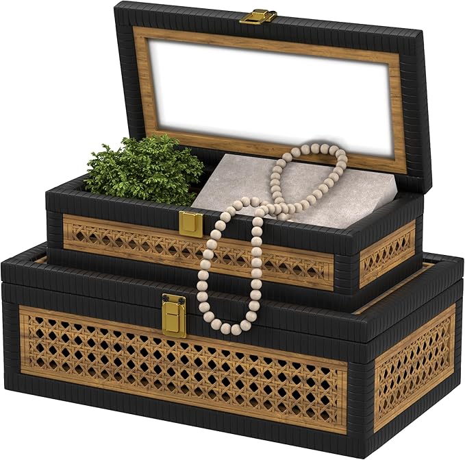 Rattan Decorative Box,Boho Display Boxes with Lids,Set of 2 Rectangular Wicker Storage Decoration,Natural Woven Cane Bins for Home Decor for Rustic Farmhouse(Yellow and Black)
