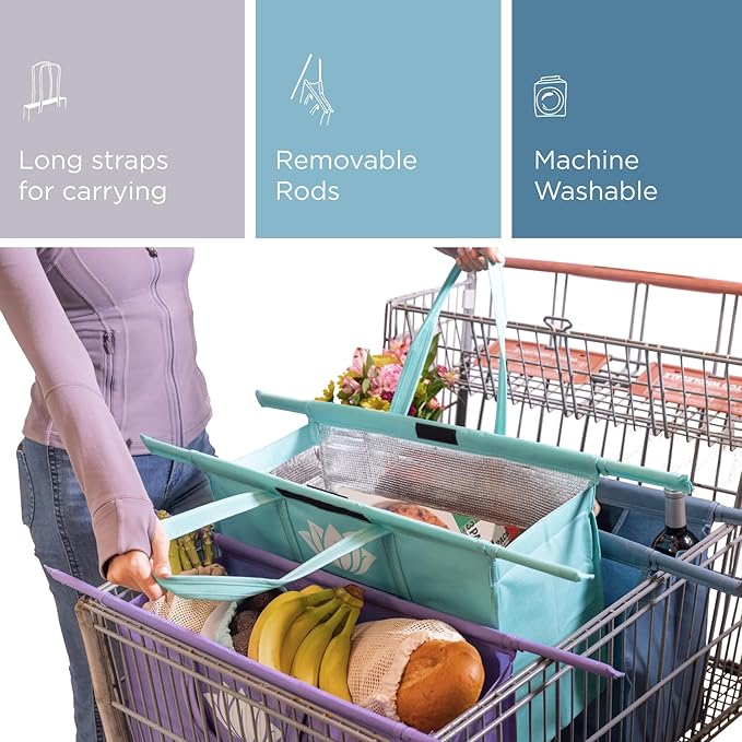 Lotus Club Cart Trolley Reusable Shopping Bags (3-Pack)– Detachable & Reusable Grocery Bags Foldable w/ Insulated Grocery Bag & Egg/Wine Holder– Washable Shopping Totes for Easy Storage & to Save Time