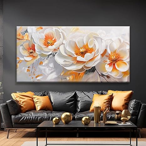 Suconvng Large Wall Art For Living Room Floral Wall Artwork Modern Canvas Art Wall Decor 29" X 58" Painting Orange White Flower Wall Art For Bedroom Home Office Dining Room Home Decoration