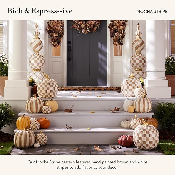MACKENZIE-CHILDS Medium Pumpkin, Resin Halloween Home Decor, Brown-and-White Mocha Stripe
