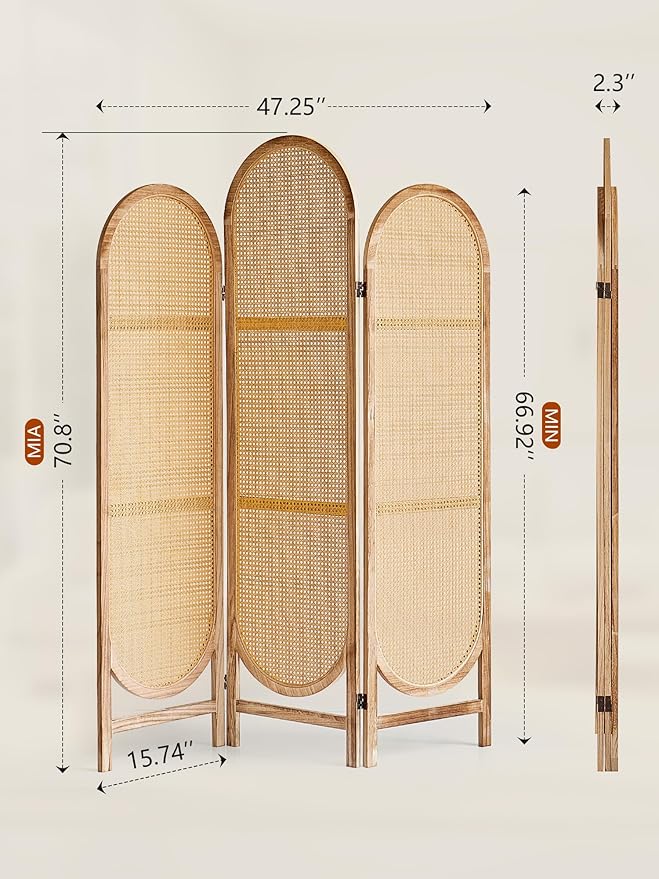 3 Panel Room Dividers and Folding Privacy Screens, Hand-Made Rattan Room Divider with Bi-Directional Hinge, Pre-Assembled Wood Privacy Dividers for Home Office Bedroom, Hotel Decorations