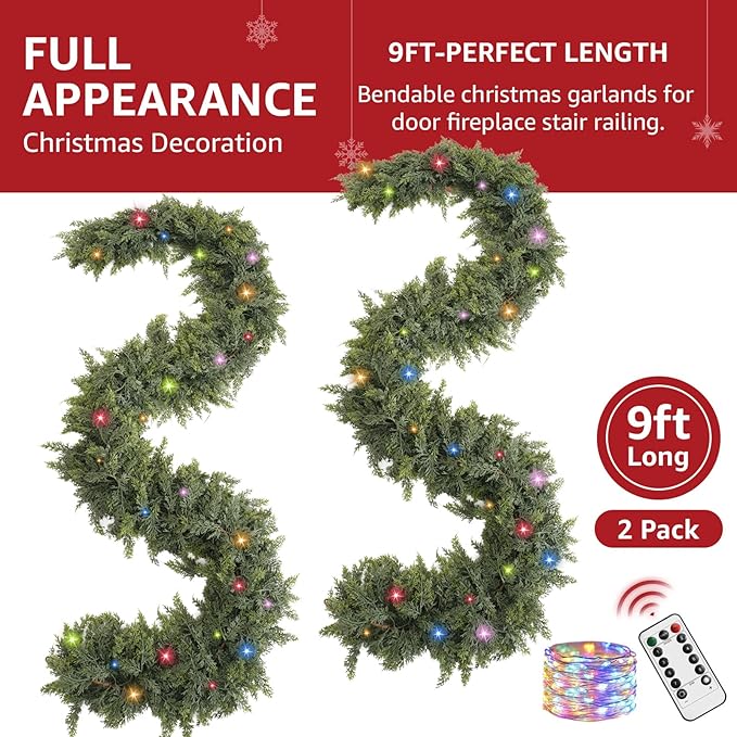 Cedar Christmas Garland with Lights for Mantle - 2 Pack Decorations 9ft Realistic Lighted Faux Pine Garlands for Xmas Home Decoration Indoor Stairs Railing Fireplace Outdoor Prelit Garland Door Decor