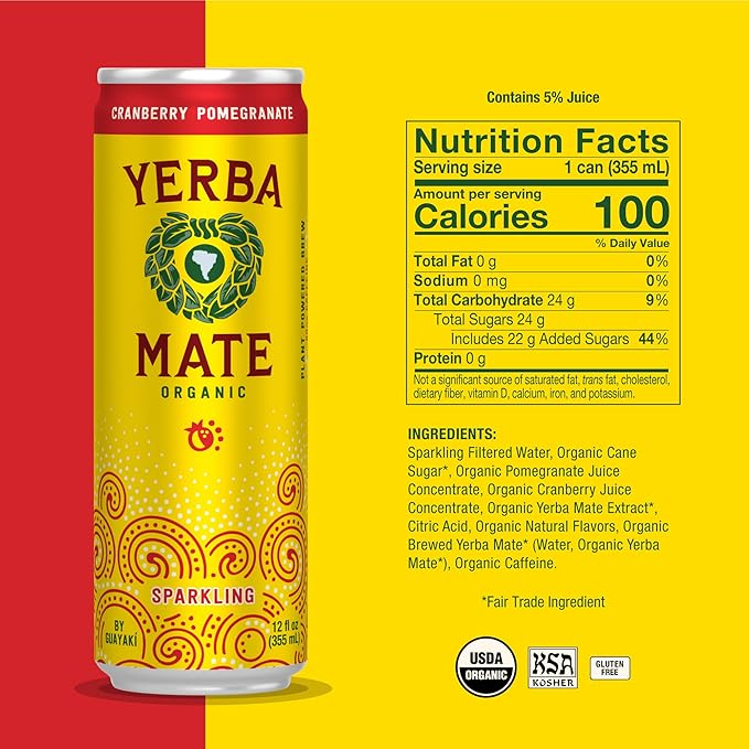 Yerba MateOrganic Sparkling Yerba Mate, Cranberry Pomegranate, 80mg Natural Plant Based Caffeine, Smooth Energy & Focus, Carbonated, 12 Oz (Pack of 12) (Packaging May Vary)