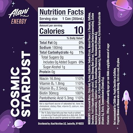 Alani Nu COSMIC STARDUST, Sugar Free, Low Calorie Energy Drinks, 200mg Caffeine, Biotin, B Vitamins, Zero Sugar, 10 Calories, 12 Fl Oz Cans, 24 Pack