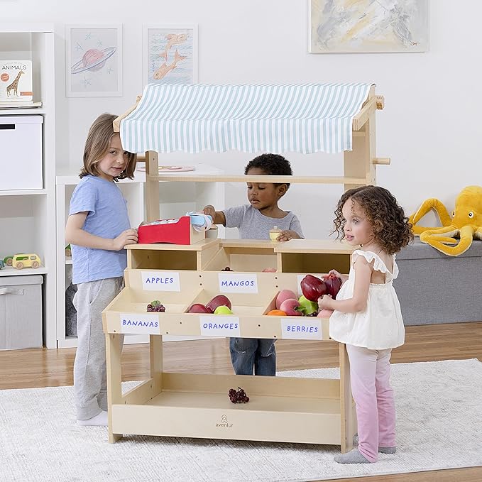 Cypress Wooden Market Stand for Kids - Pretend Play Grocery Store with Awning, Storage Bins, Dry Erase Stickers, Durable Wood Construction, Easy Assembly, Role-Playing Toy