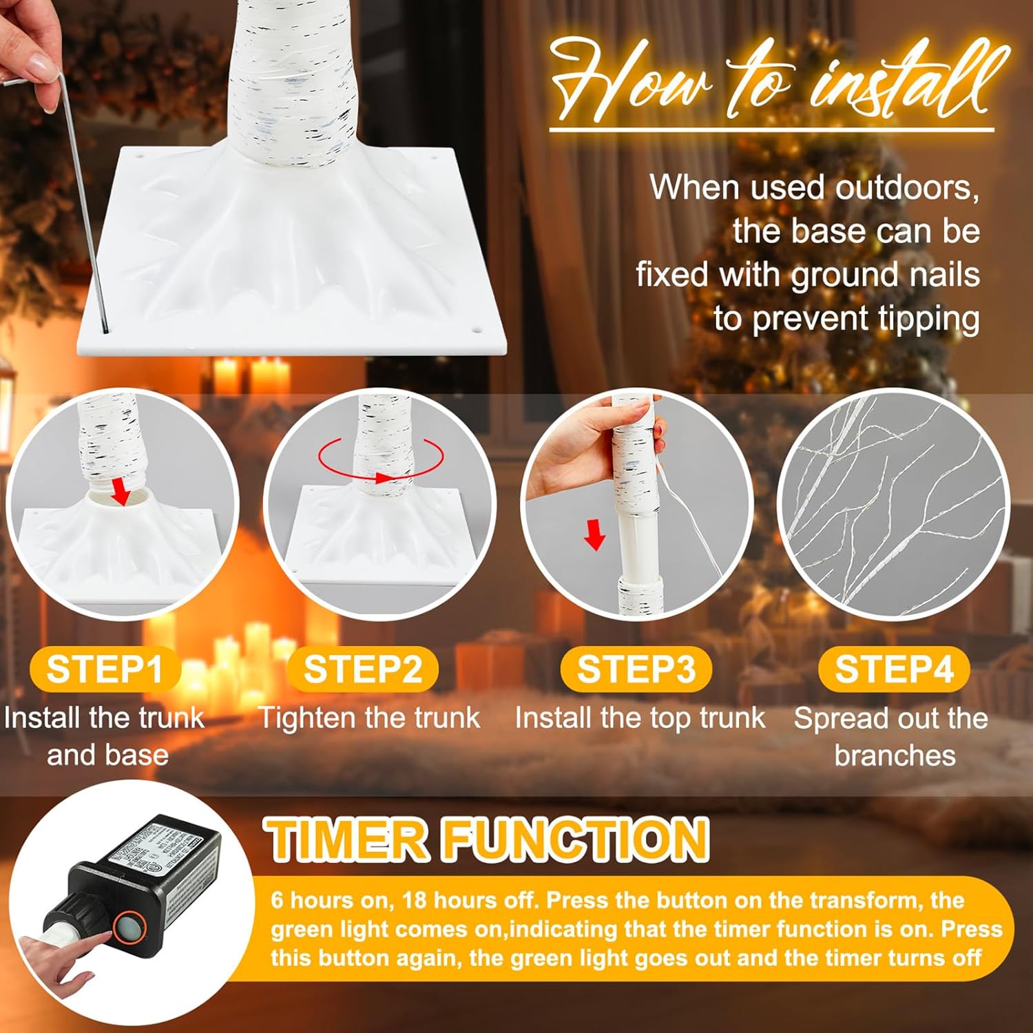 16 Pcs Lighted Birch Tree 8 Modes Christmas Artificial LED Warm White Lights Birch Tree for Indoor and Outdoor Home Decor Thanksgiving Holiday Decoration (2ft 3ft 4ft 5ft 6ft)