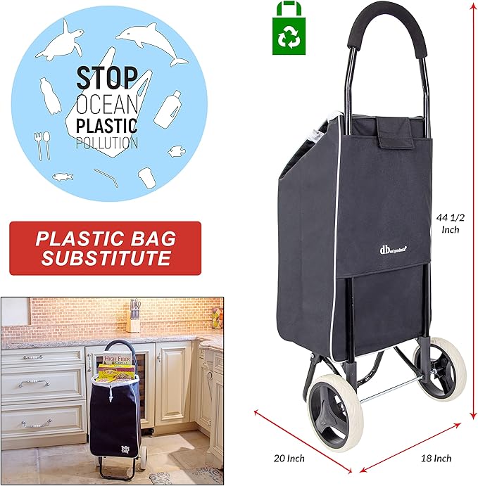 dbest products Trolley Dolly Sport – Foldable Grocery Cart on Wheels – Multi Use Rolling Cart with Removable Bag and Hand Truck Dolly Function, Black