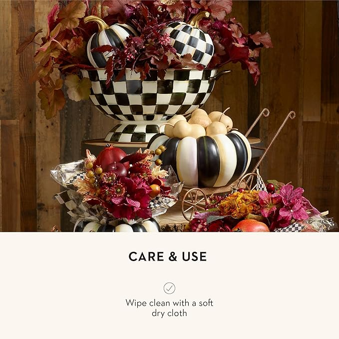 MACKENZIE-CHILDS Mini Decorative Pumpkin for Fall Decor, Autumn Decorations for Home, Courtly Check Black-and-White