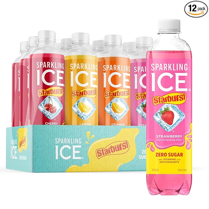 Sparkling Ice STARBURST Variety Pack, Zero Sugar Flavored Sparkling Water, with Vitamins and Antioxidants, Low Calorie Beverage, 17 fl oz, 12 count (Cherry, Strawberry, Lemon, Orange)