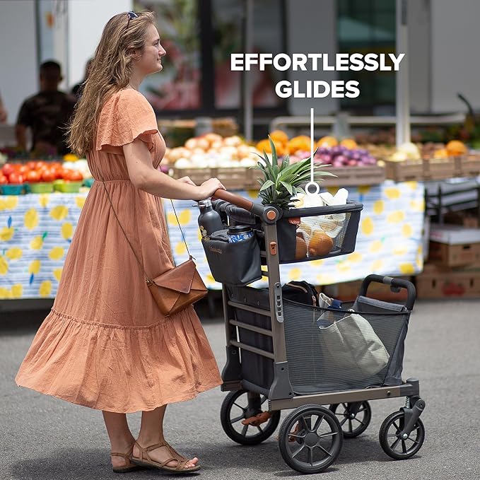 Shop Foldable Shopping Cart - Portable & Lightweight Folding Utility Carts with Easy to Maneuver Wheels, Storage Baskets for Grocery and Heavy Duty, Cup Holders & Zippered Pouch