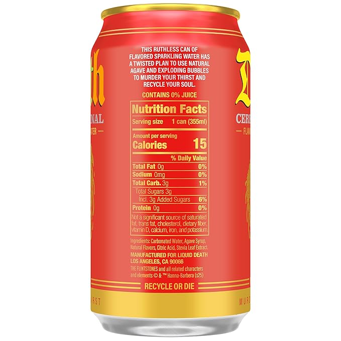 Liquid Death, Cereal Criminal, Fruitty Pebbles-Flavored Sparkling Water, 12-Pack (12oz Cans), Low Sugar, Huge Flavor & No Artificial Sweeteners